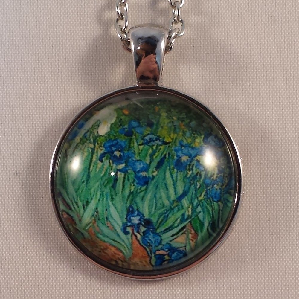 Silver Blue Iris Flower Cabochon Pendant Necklace